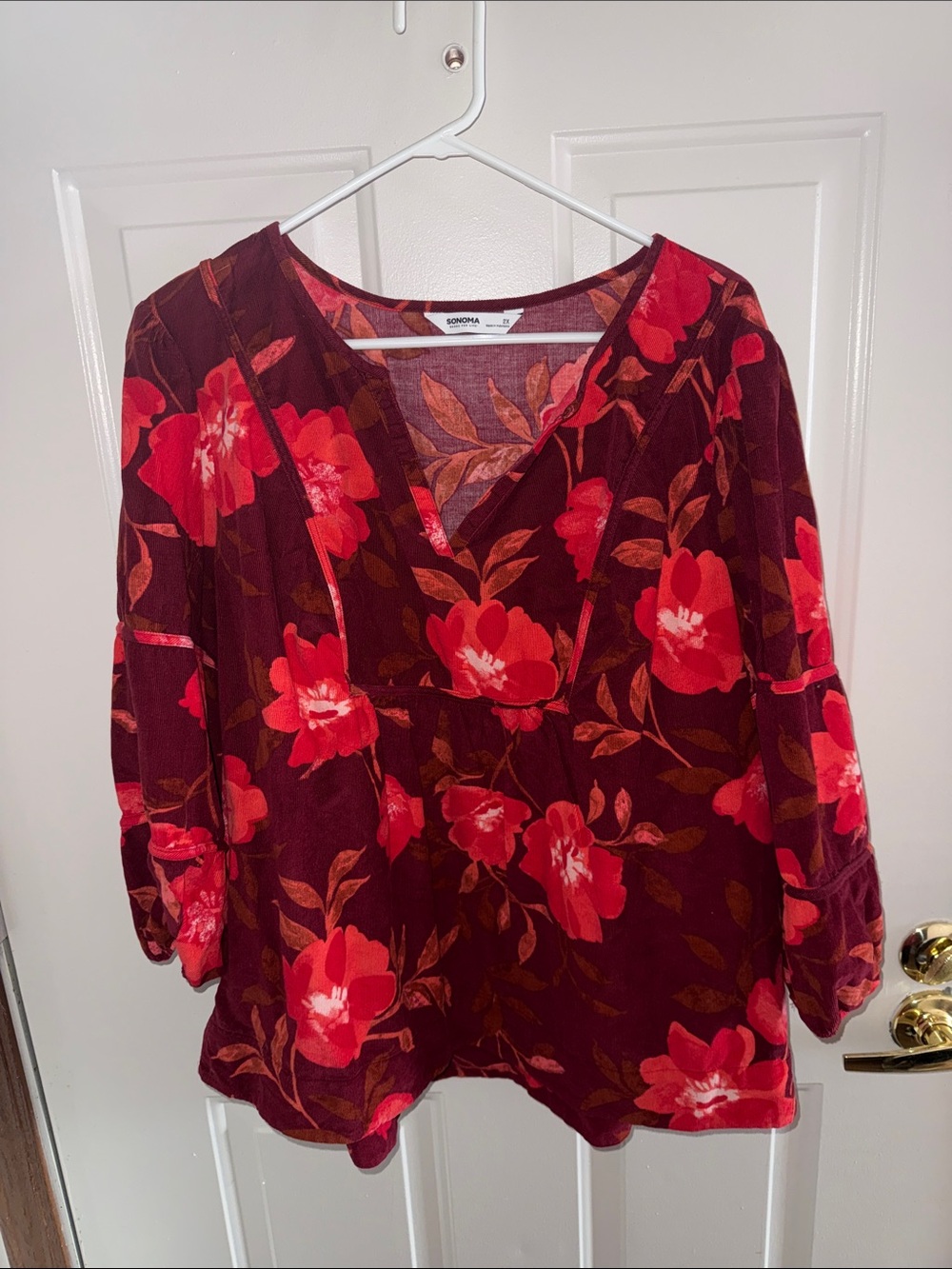 Sonoma Goods for Life Burgundy and Red Floral Corduroy V-Neck Blouse